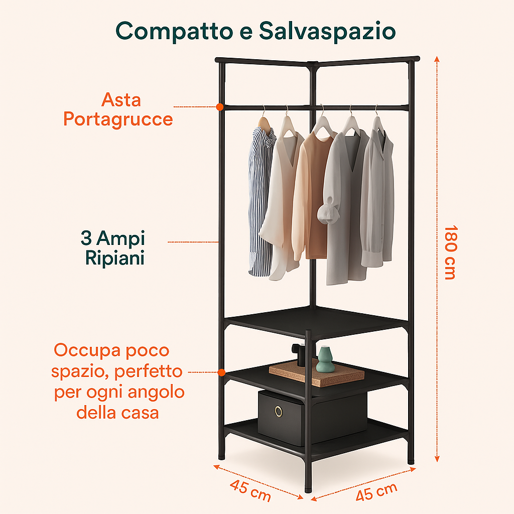 Generico Appendiabiti Angolare con 3 Ripiani – Struttura in Metallo Resistente, Design Salvaspazio 180x45x45 cm, Portabiti con Asta e Mensole Portaoggetti, Portata 5 kg per Ripiano