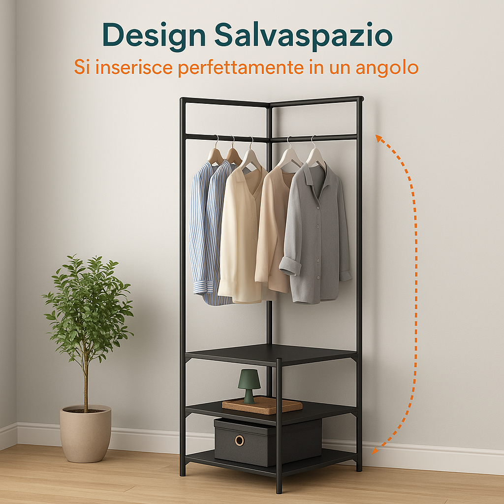 TINKLE WELL Appendiabiti 3 In 1 Con Panca, Ripiani E Organizer Per Scarpe - Telaio In Metallo 190x68,6x34 Cm, Nero - 6