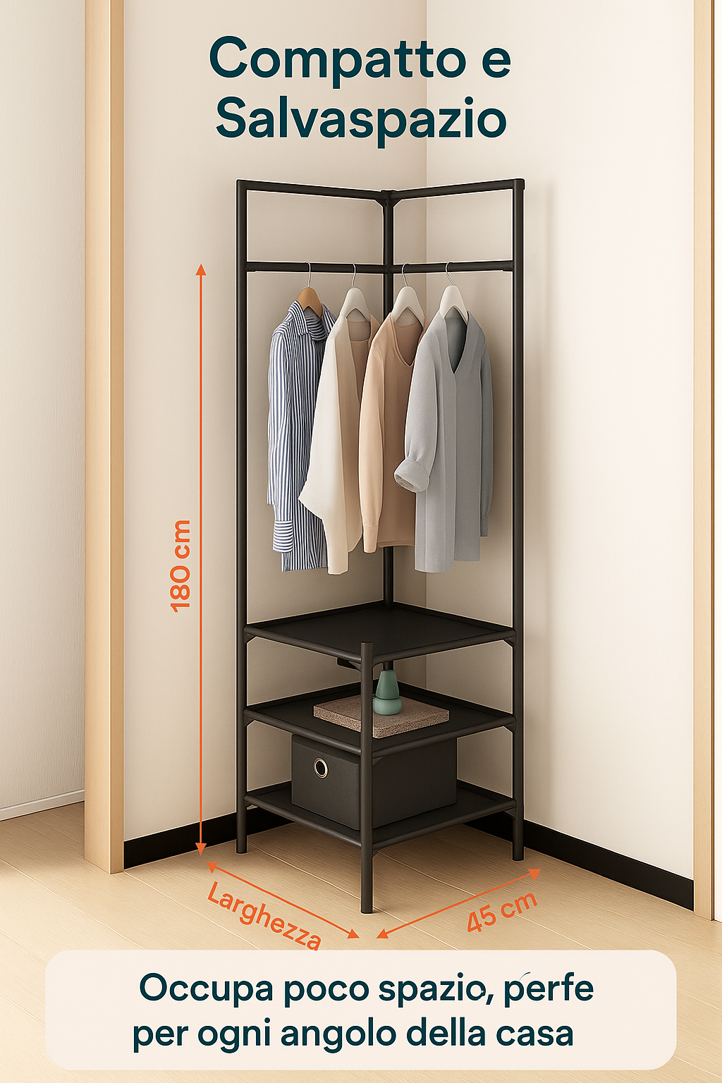 Generico Appendiabiti Angolare con 3 Ripiani – Struttura in Metallo Resistente, Design Salvaspazio 180x45x45 cm, Portabiti con Asta e Mensole Portaoggetti, Portata 5 kg per Ripiano